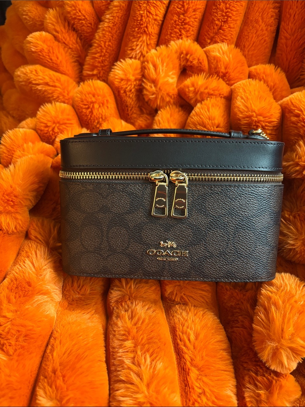 Coach Brown and Black Signature Cosmetic Vanity Case with Gold Hardware